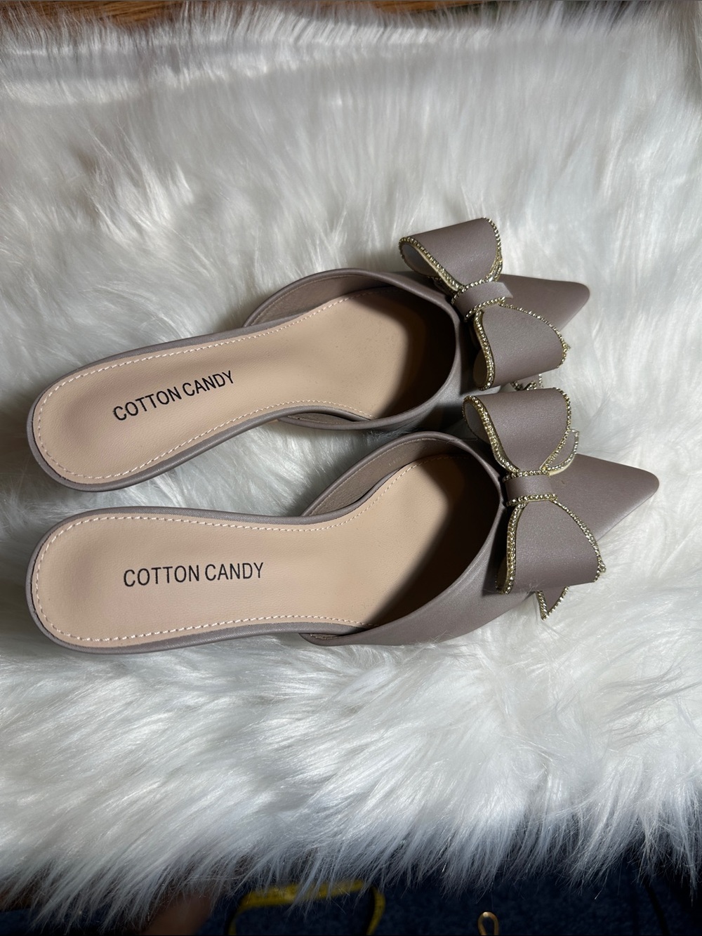 Cotton Candy Taupe Bow-Accent Pointed Toe Mules